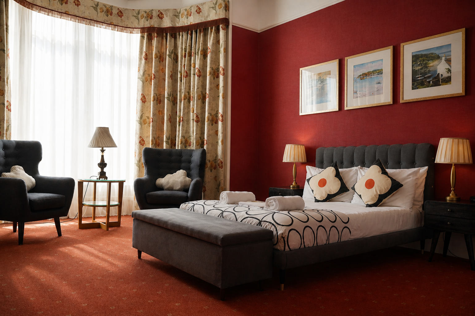 Elegant red guest room at Gladstone House
