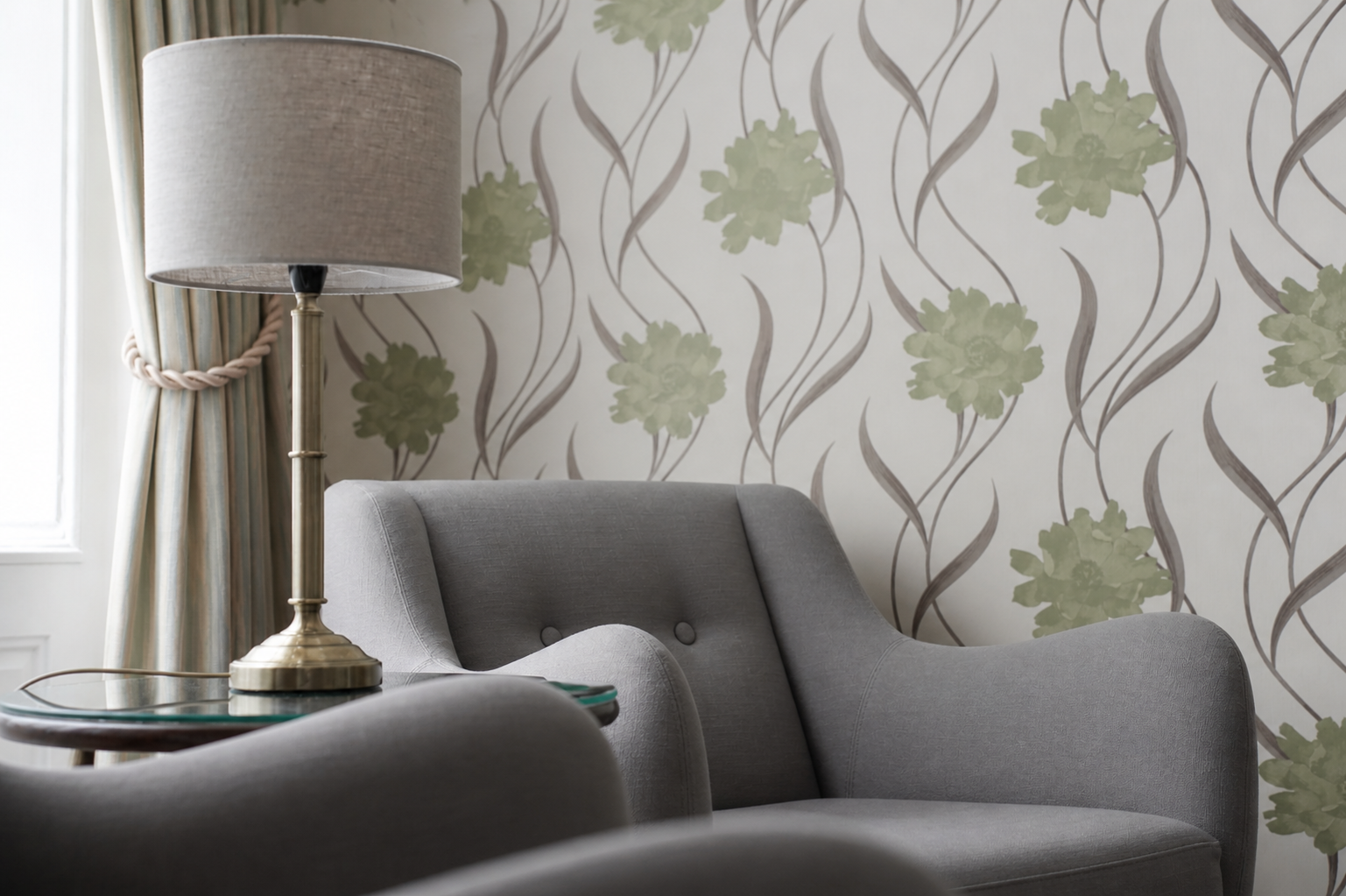 Soft armchair and patterned wallpaper at Gladstone House